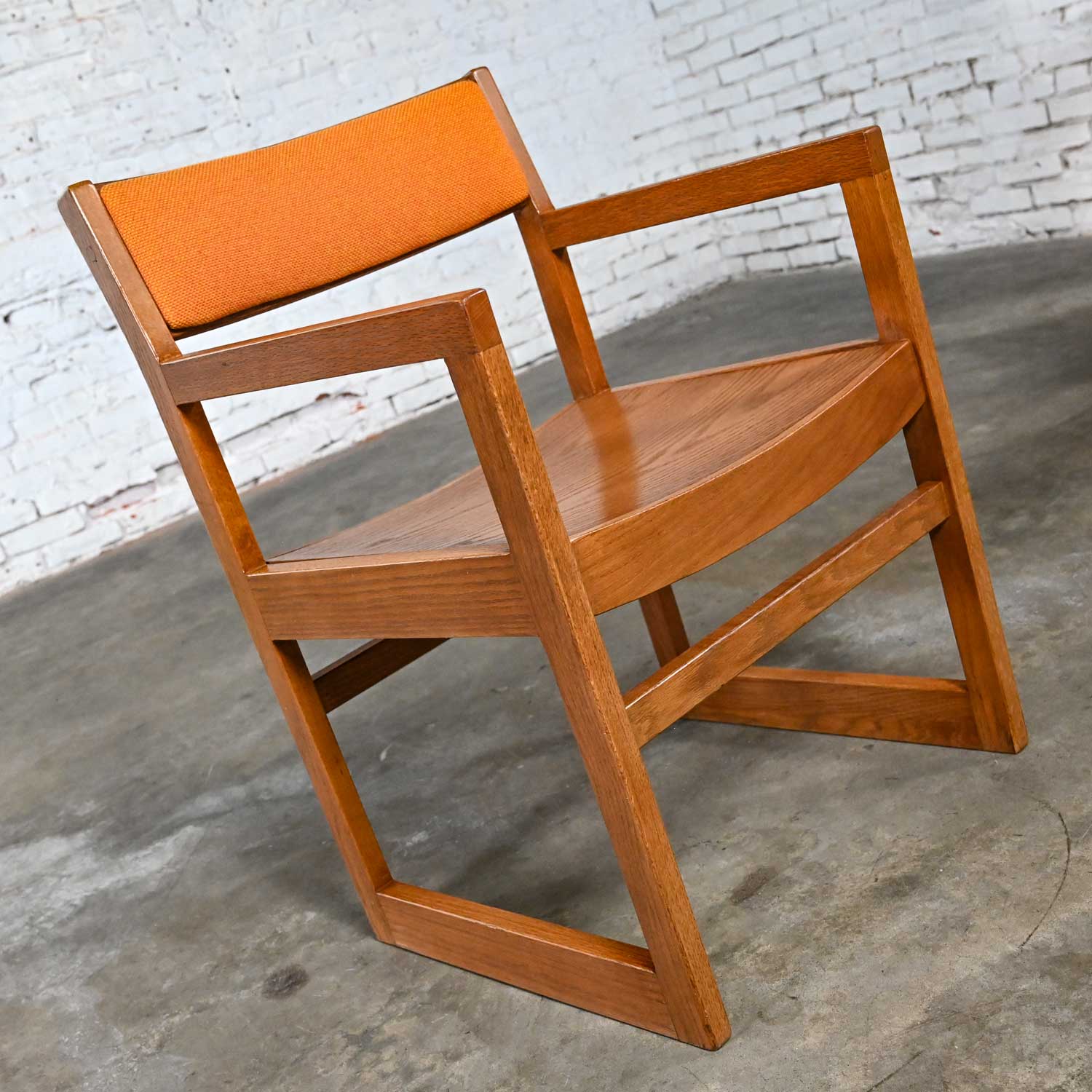 1970’s Modern Jasper Chair Co Oak Dining Chairs Golden Orange Tweed Hopsacking Bentwood Seats & Sleigh Bases Set of 8