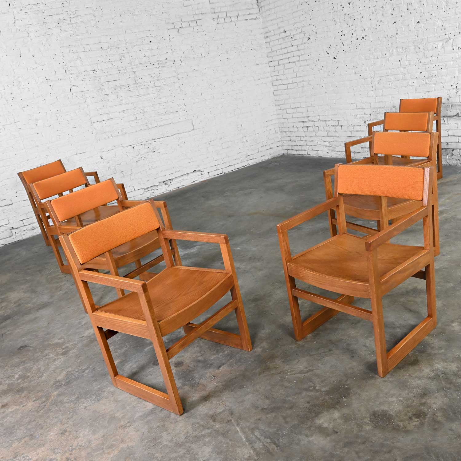 1970’s Modern Jasper Chair Co Oak Dining Chairs Golden Orange Tweed Hopsacking Bentwood Seats & Sleigh Bases Set of 8