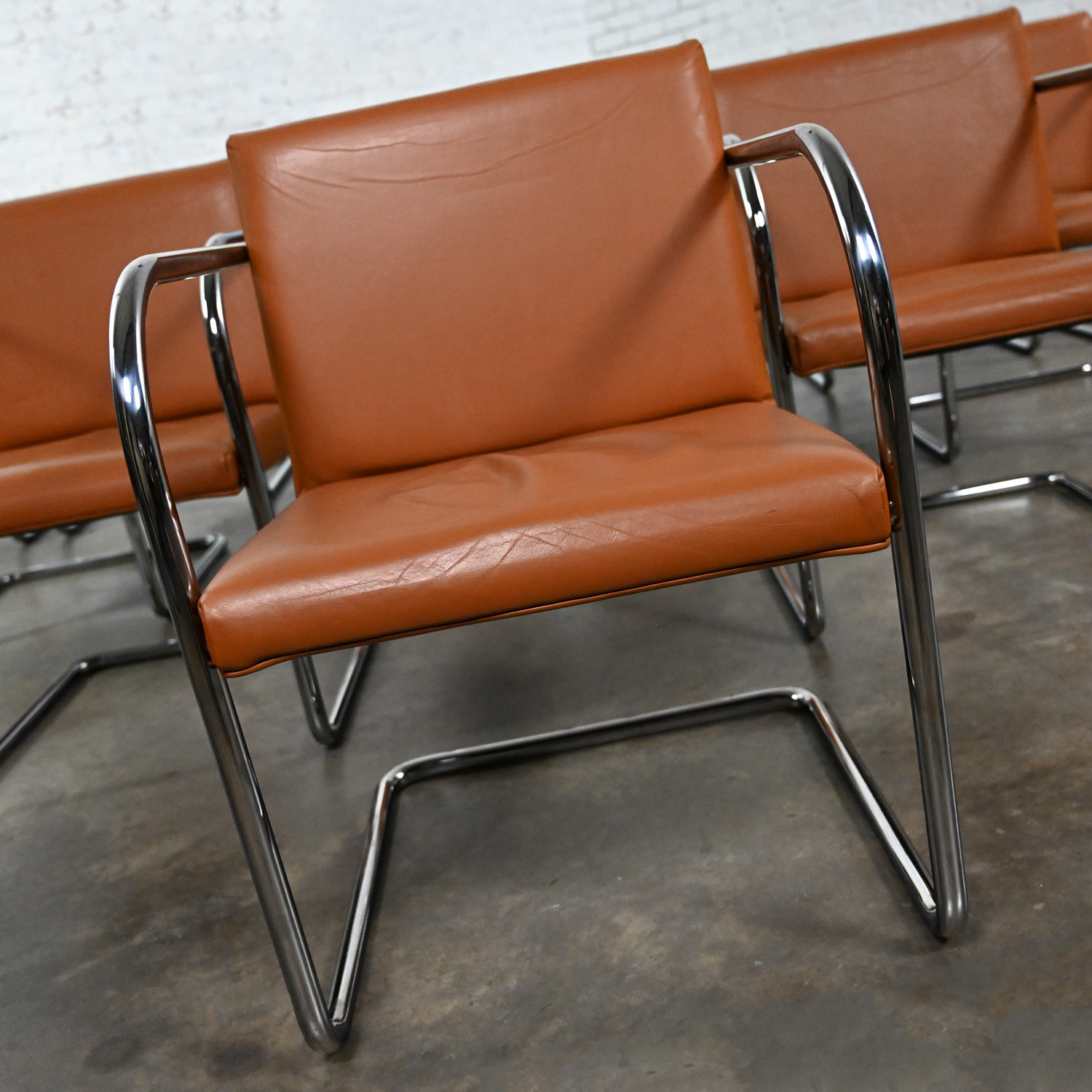 Late 20th to Early 21st Century Bauhaus Thonet Brno Style Chairs Chrome & Cognac Leather Cantilever Set of 12