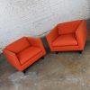 1970’s MCM to Modern Harvey Probber Club Chairs Orange 1571 Tuxedo with Black Painted Sleigh Bases a Pair