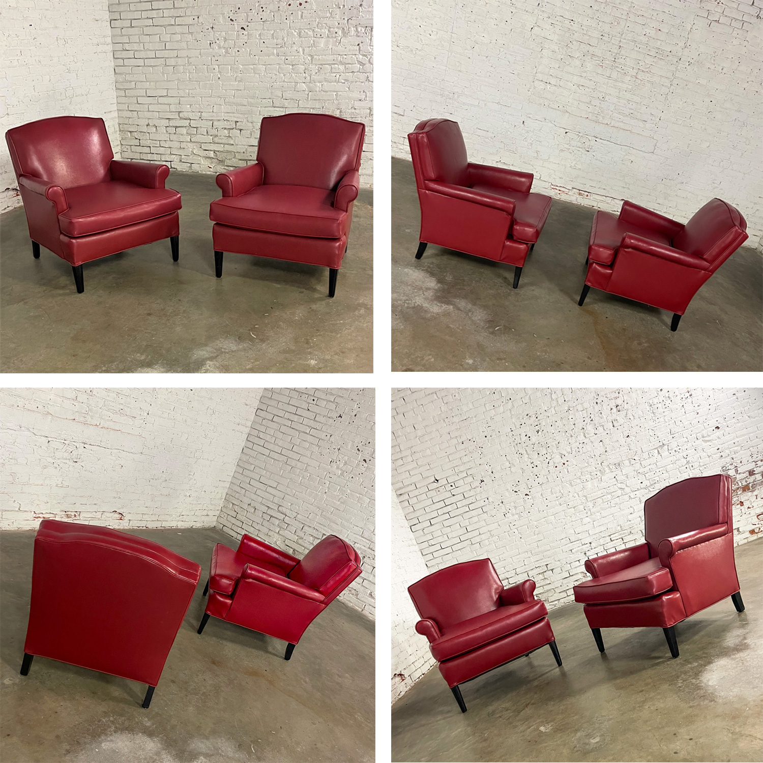 1940’s Traditional Club Chairs Original Red Faux Leather & Wood Legs a Pair
