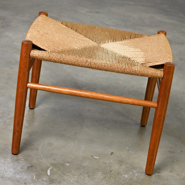 Mid-20th Century Scandinavian Modern Low Stool Teak with Natural Paper Cord Woven Seat