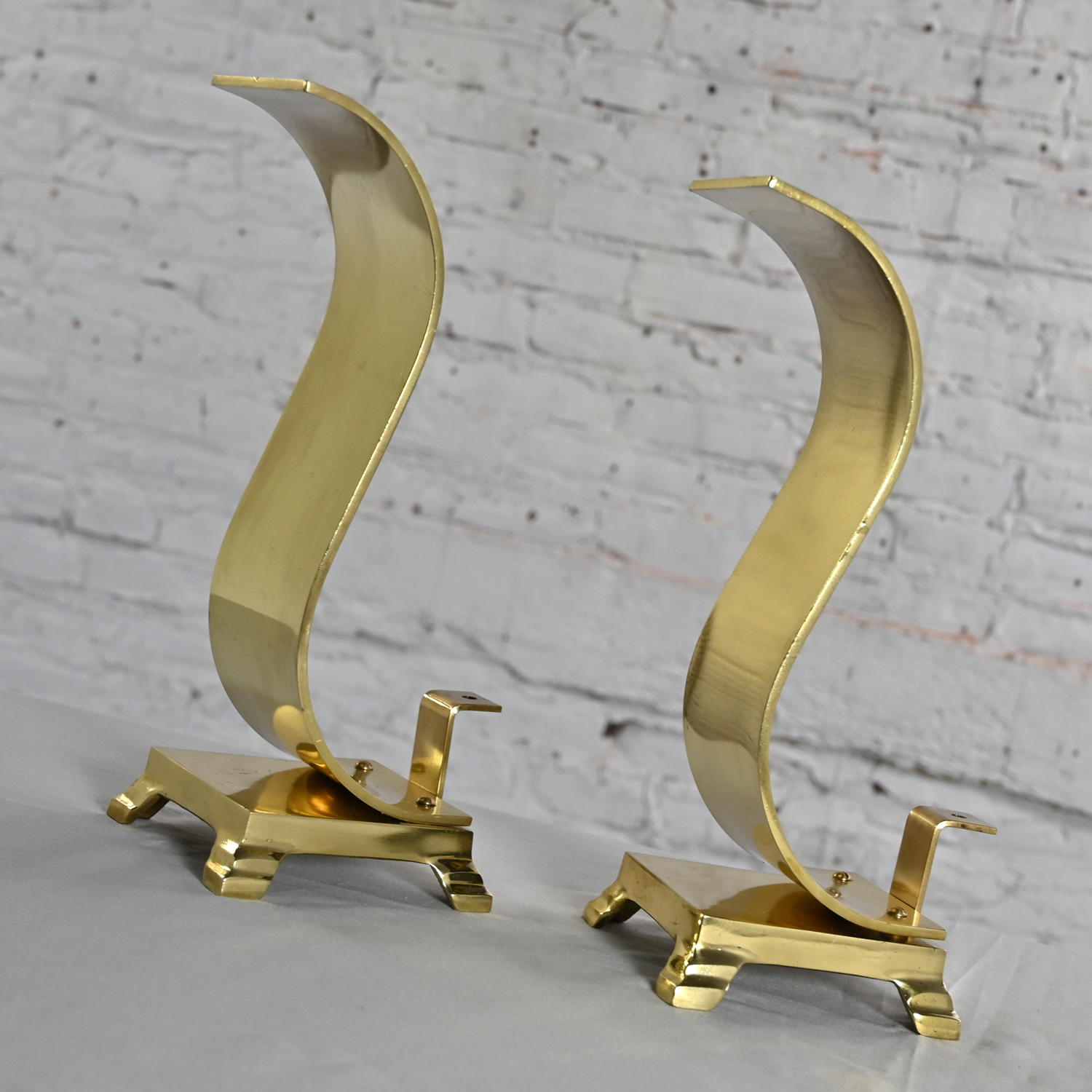 1960-1970’s MCM to Modern Andirons or Firedogs Solid Brass Wave Scroll or S Shaped
