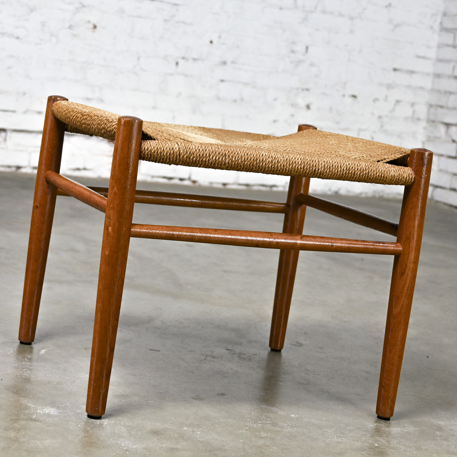 Mid-20th Century Scandinavian Modern Low Stool Teak with Natural Paper Cord Woven Seat