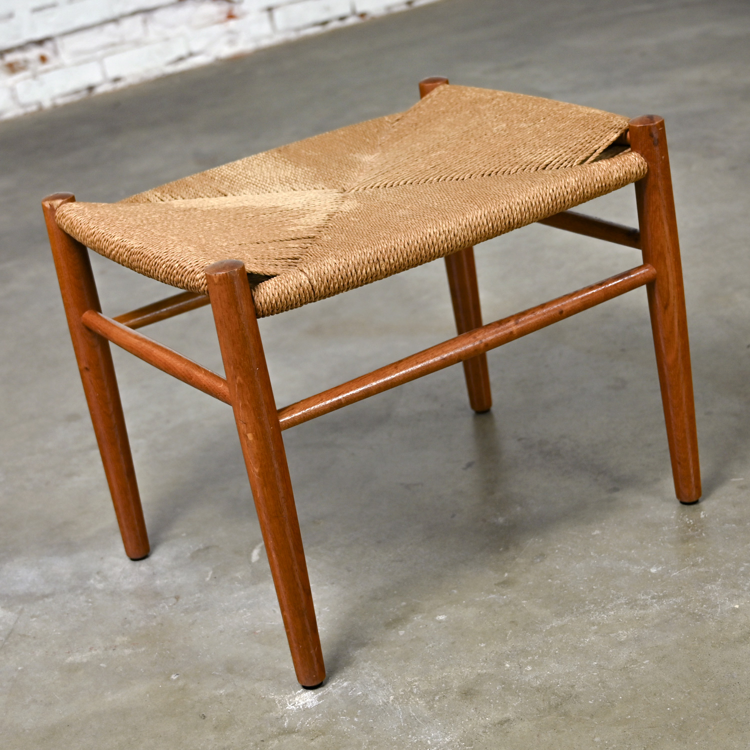Mid-20th Century Scandinavian Modern Low Stool Teak with Natural Paper Cord Woven Seat