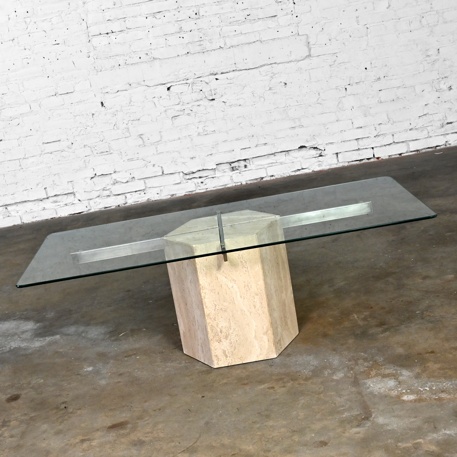 Late 20th Century Modern to Postmodern Italian Coffee Table Travertine Hexagon Base Rectangular Glass Top Style of Artedi