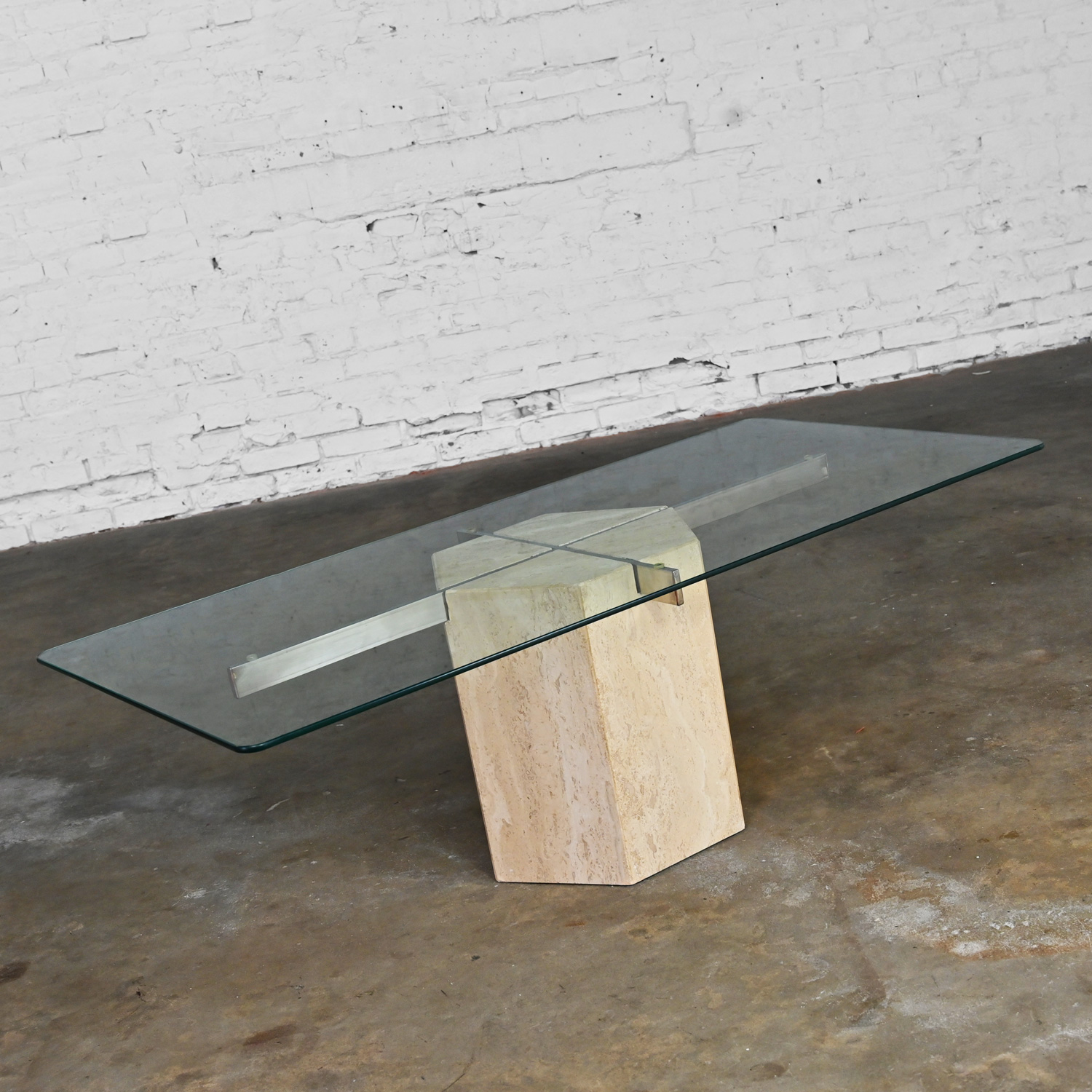Late 20th Century Modern to Postmodern Italian Coffee Table Travertine Hexagon Base Rectangular Glass Top Style of Artedi