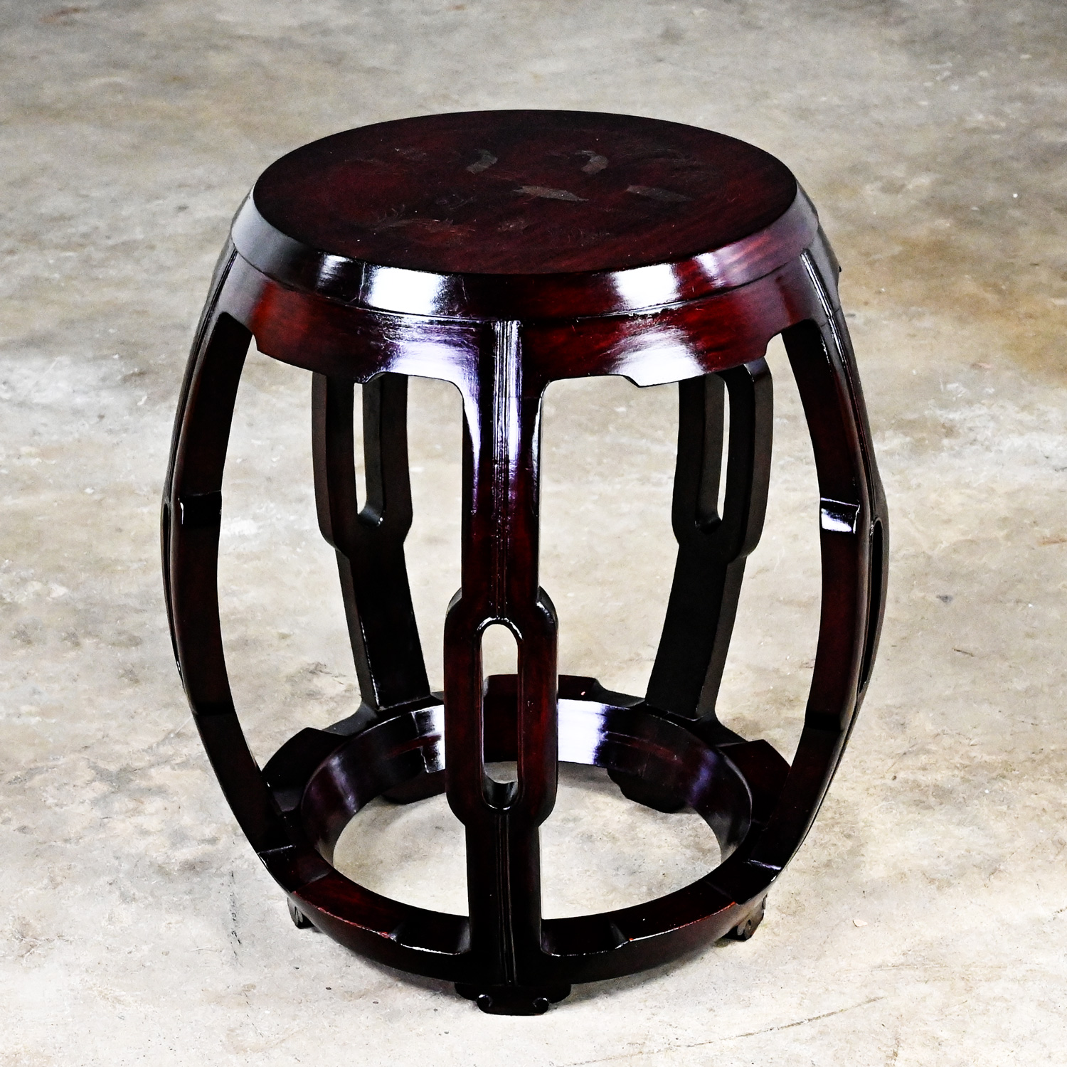 Mid 20th Century Chinoiserie Asian Rosewood Barrel Drum Table or Garden Stool with Brass Inlaid Design