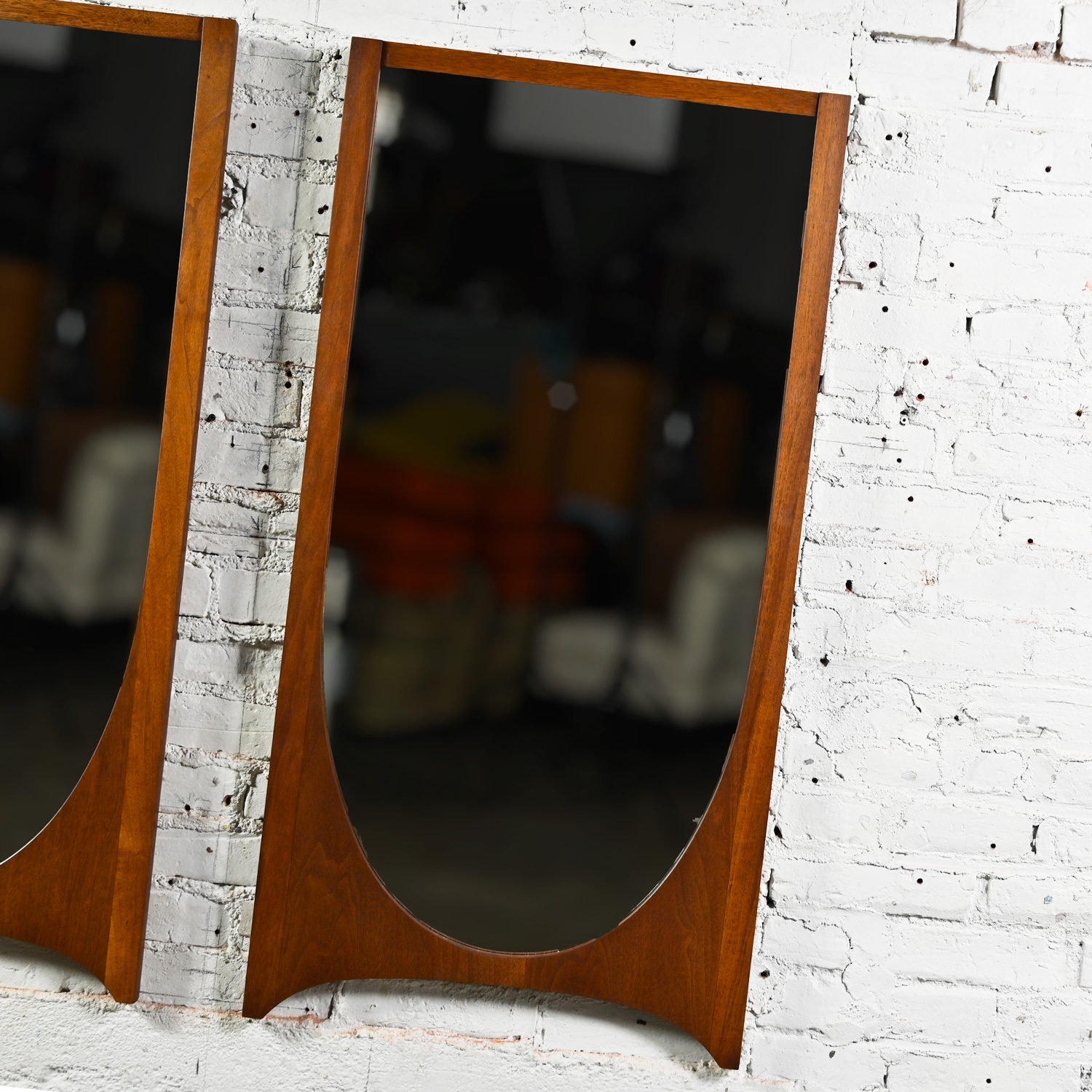 Mid-Century Modern Brutalist Brasilia Single Arch Mirrors 6130-01 Broyhill Premier Series Walnut a Pair