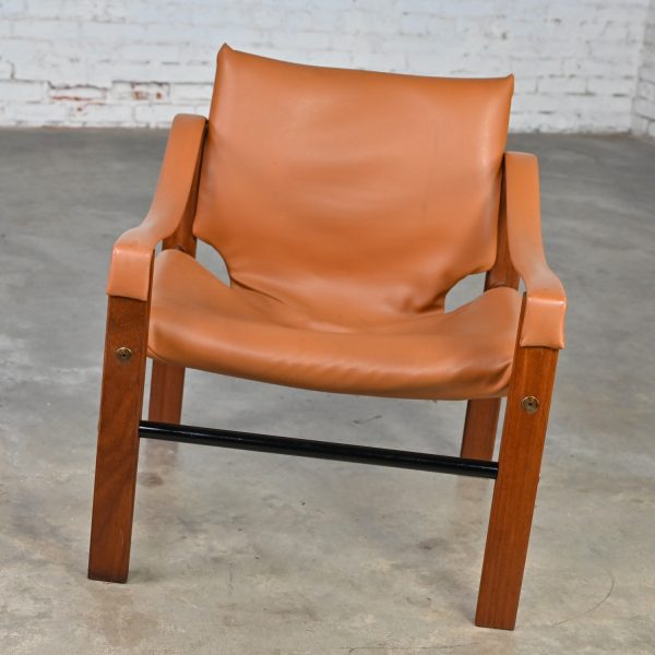 1960’s MCM Chelsea Safari Chair by Maurice Burke for Arkana Furniture Cognac Faux Leather Teak & Metal