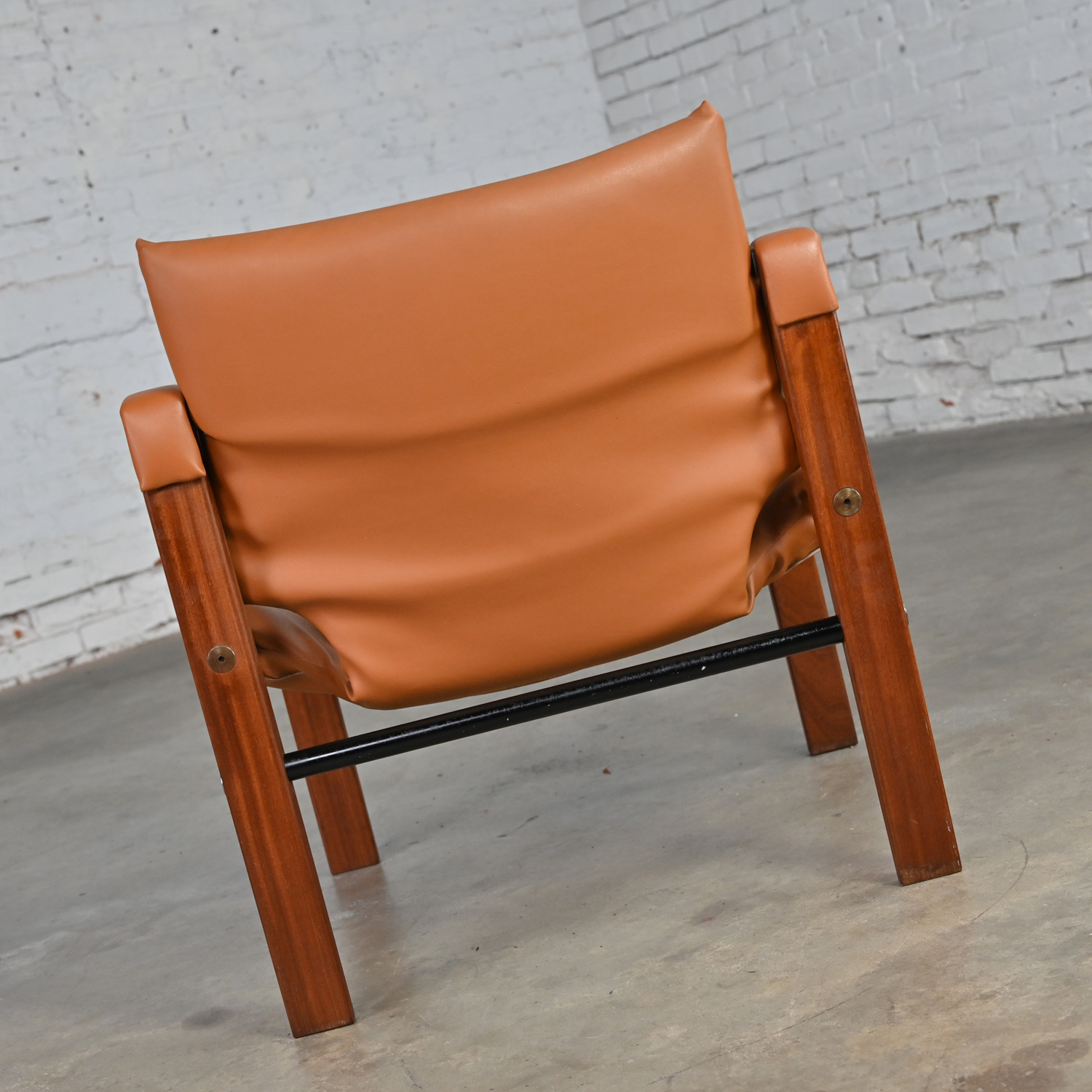 1960’s MCM Chelsea Safari Chair by Maurice Burke for Arkana Furniture Cognac Faux Leather Teak & Metal