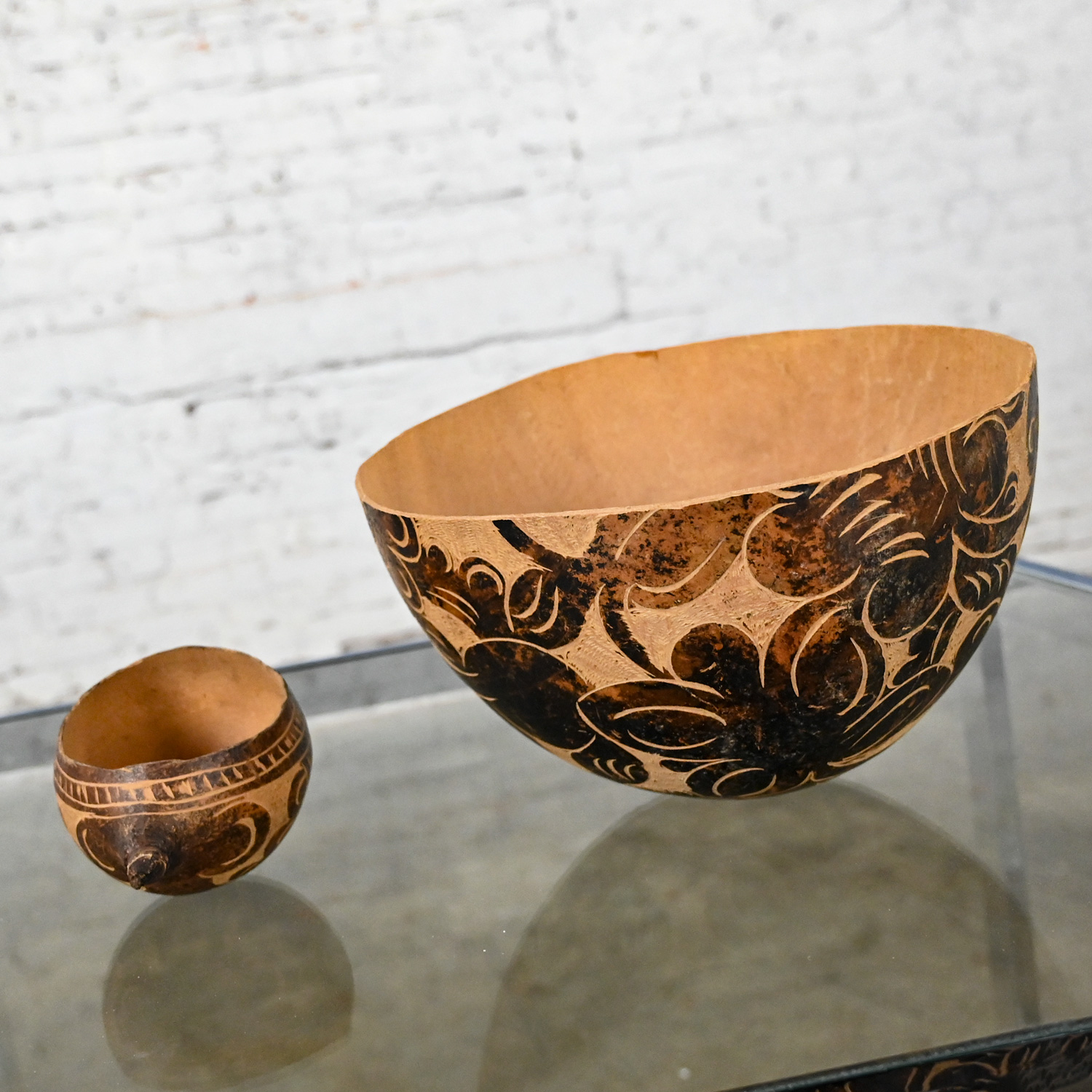 Mid to Late 20th Century South American Tribal Gourd Bowls Hand Carved Floral Details a Pair