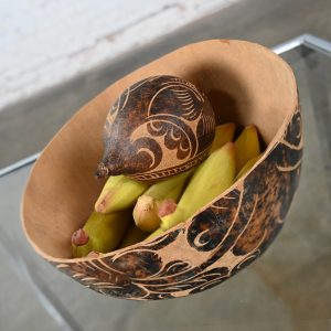 Mid to Late 20th Century South American Tribal Gourd Bowls Hand Carved Floral Details a Pair