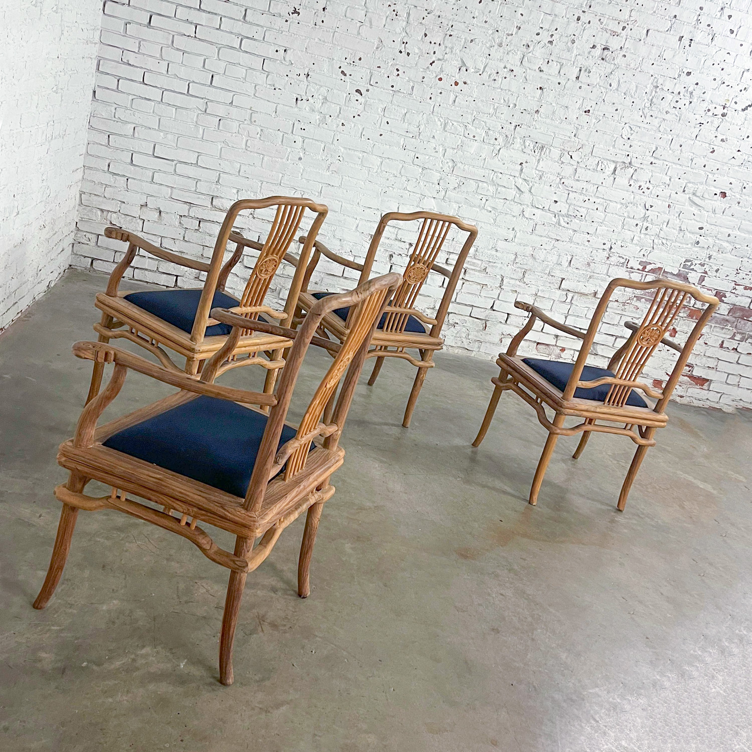 Late 20th Century Ming Style Indonesian Dining Armed Chairs Natural Teak & Upholstered Drop In Seats Set of 4