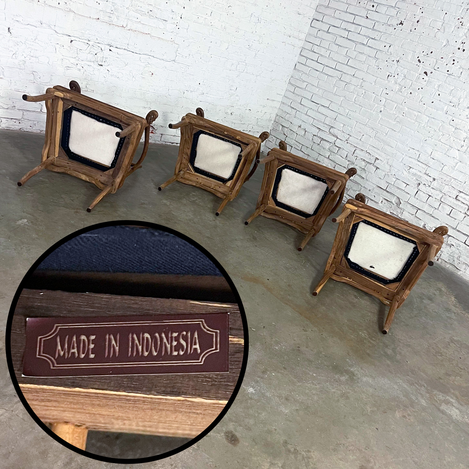 Late 20th Century Ming Style Indonesian Dining Armed Chairs Natural Teak & Upholstered Drop In Seats Set of 4
