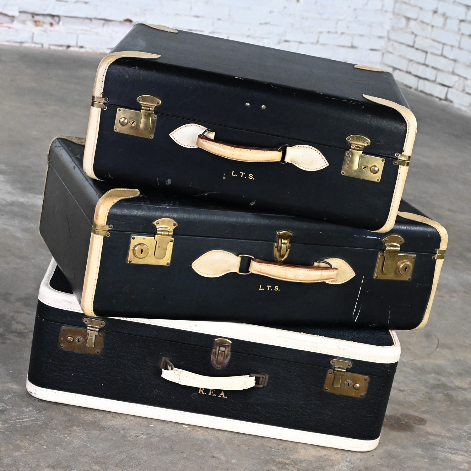 Mid Century Boho Chic Luggage End or Side Tables or Décor Black & White 3 Pieces