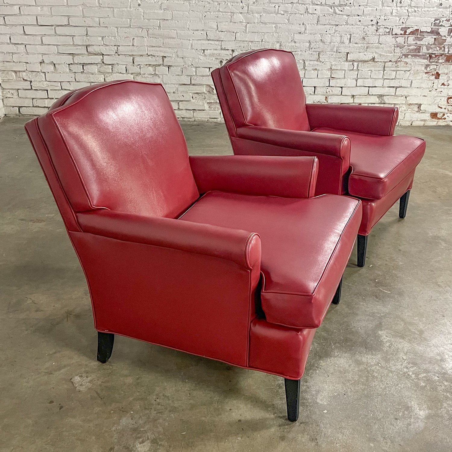 1940’s Traditional Club Chairs Original Red Faux Leather & Wood Legs a Pair