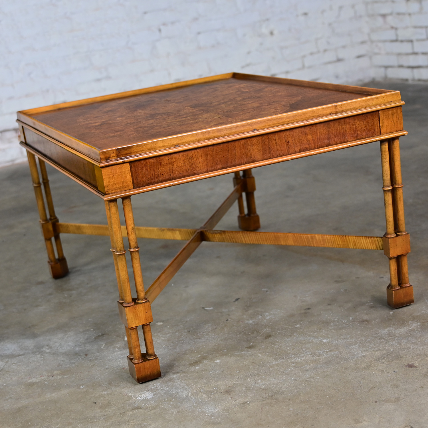 Mid-Late 20th Century Baker Furniture Campaign Style Rectangular End Table Walnut & Mahogany Faux Bamboo Legs