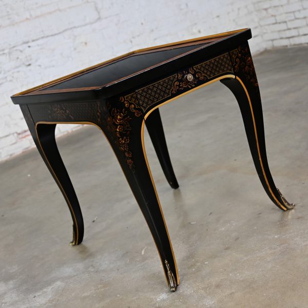 1982 Drexel Heritage ET Cetera Collection Chinoiserie Black Painted & Burl & Ormolu Accent End Table