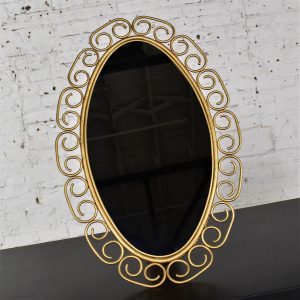 1960-1970’s Hollywood Regency Bohemian Free Standing Mirror Gold Painted Wicker Scroll Clad Frame