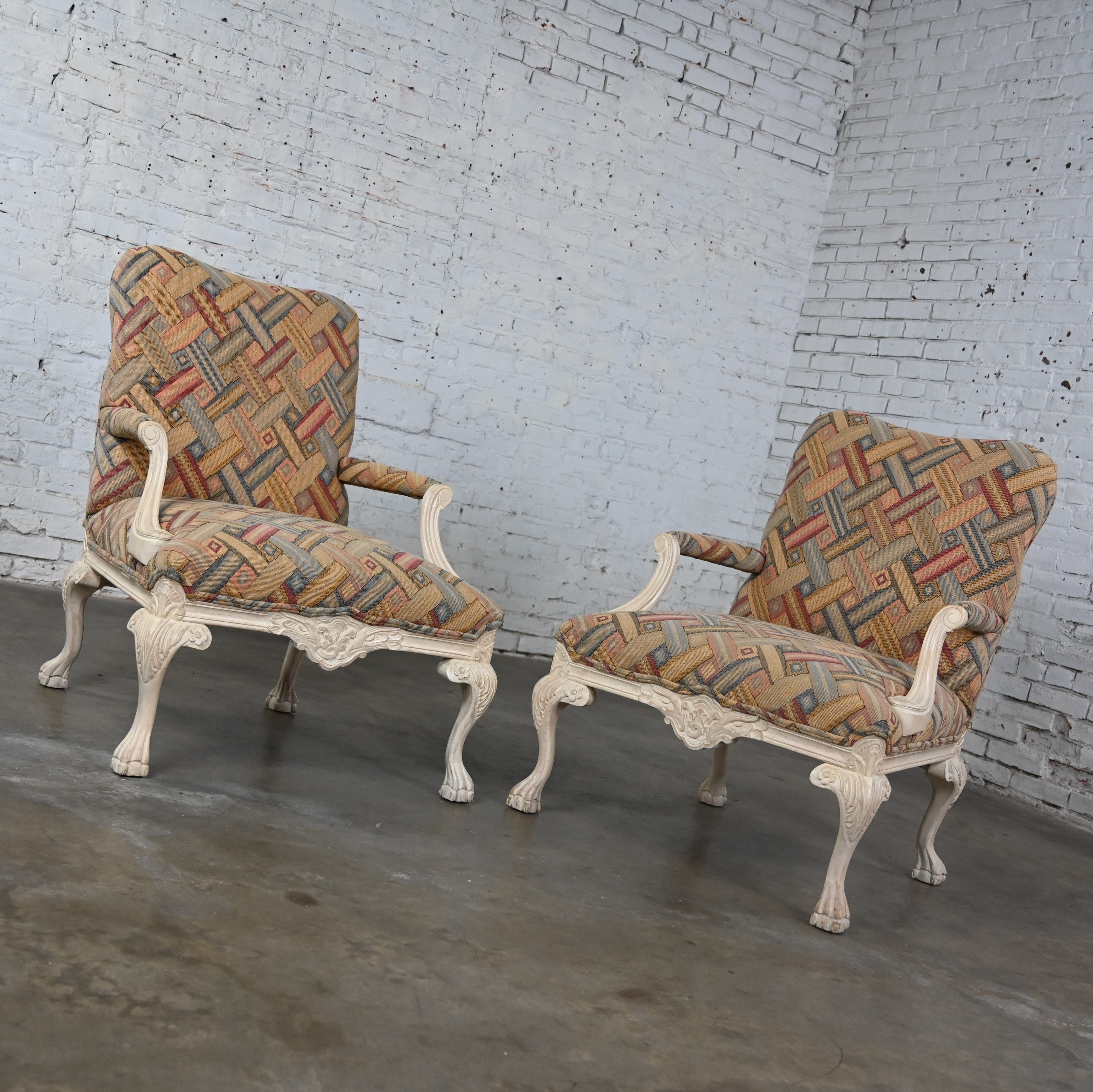 1980’s French Louis XV Style Fauteuil Armchairs Whitewashed Frames & Contemporary Fabric