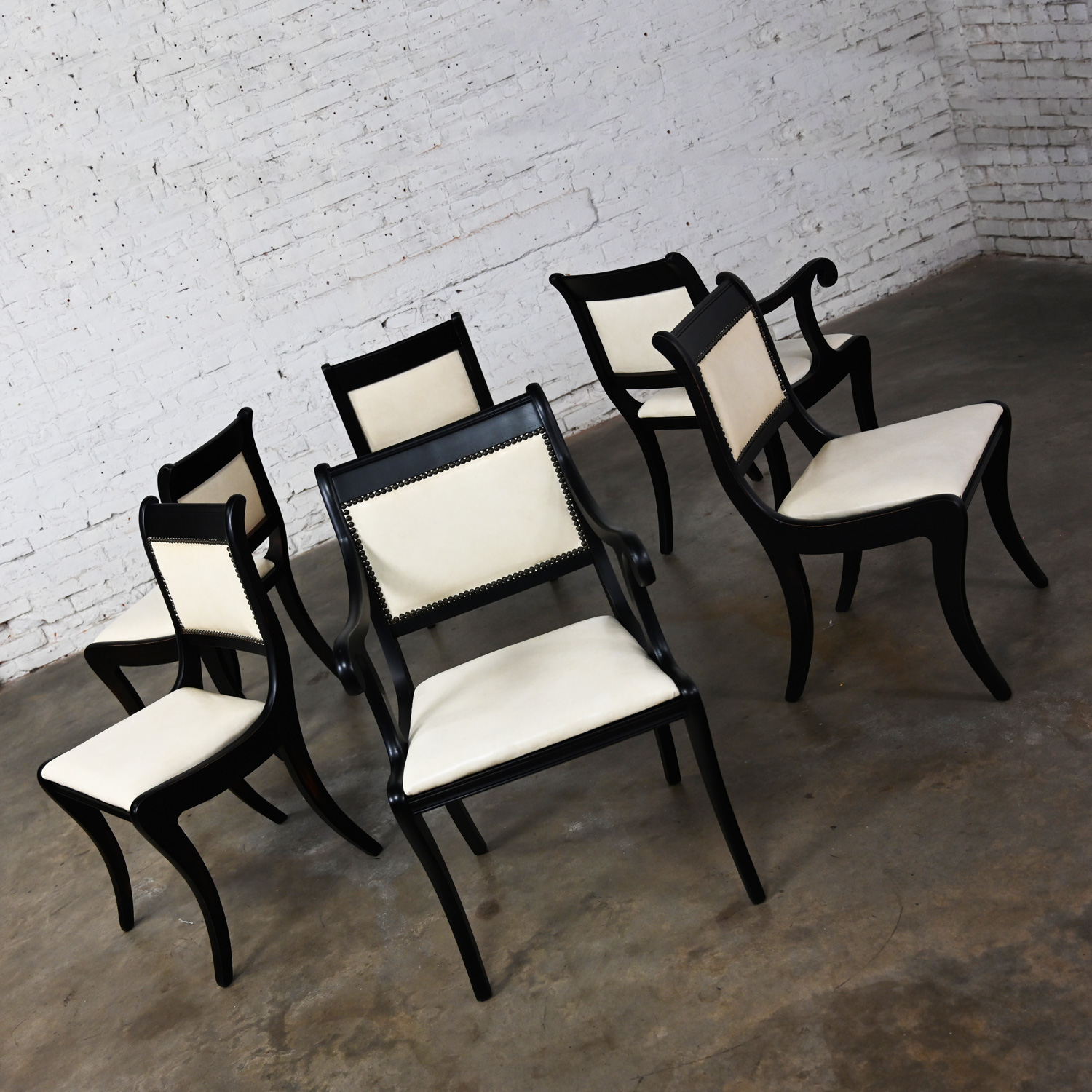 Mid Century Regency Style Dining Chairs Off White Faux Leather Black Frames 2 Arm 4 Side Set of 6