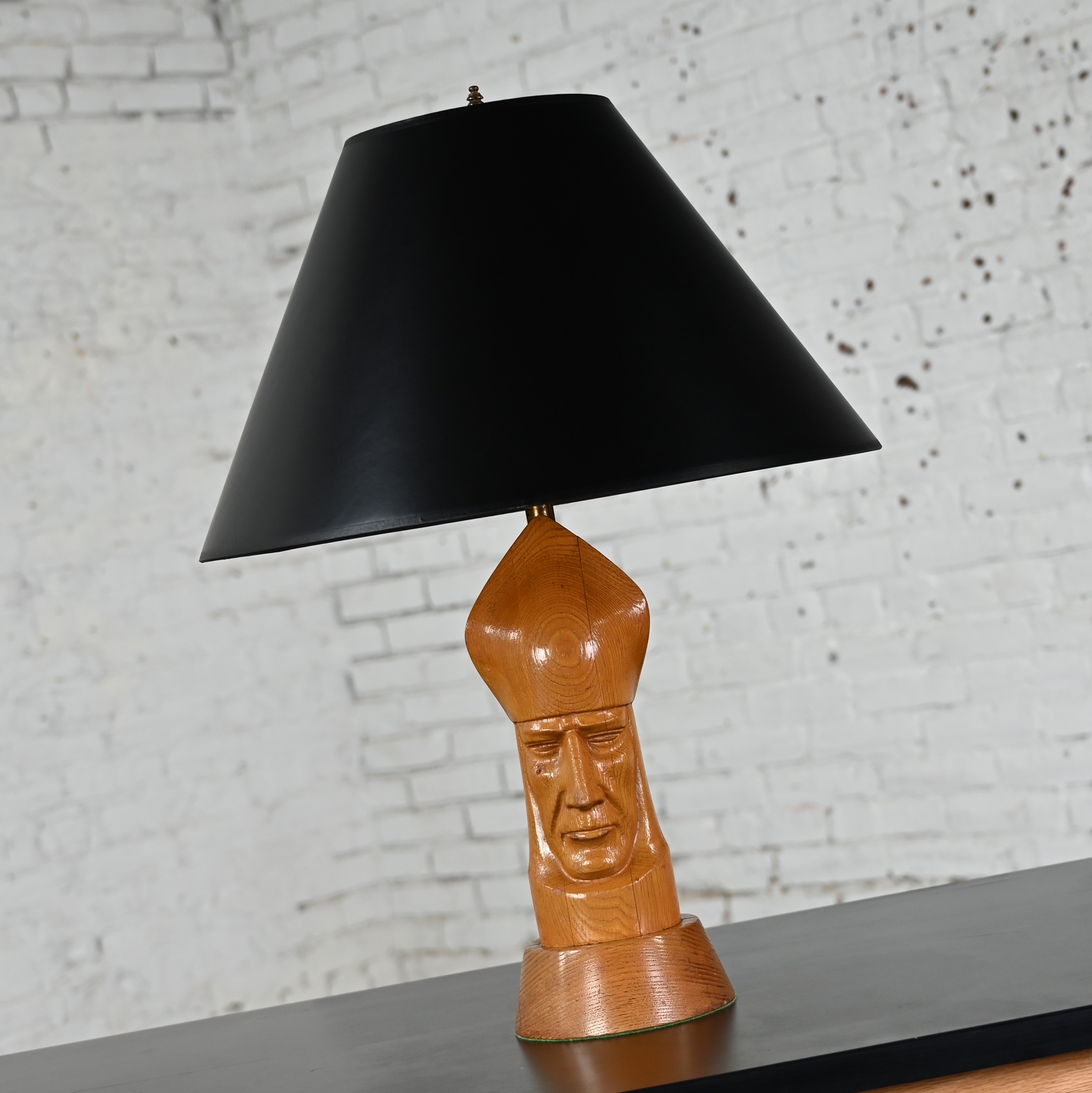 Mid-20th Century MCM to Modern Carved Wood Bishop Chess Piece Table Lamp with Black Paper Shade