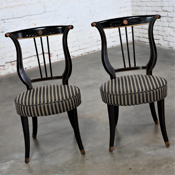 Early to Mid-20th Century Neoclassical Lyre Back Accent or Occasional Chairs Black & Gold a Pair