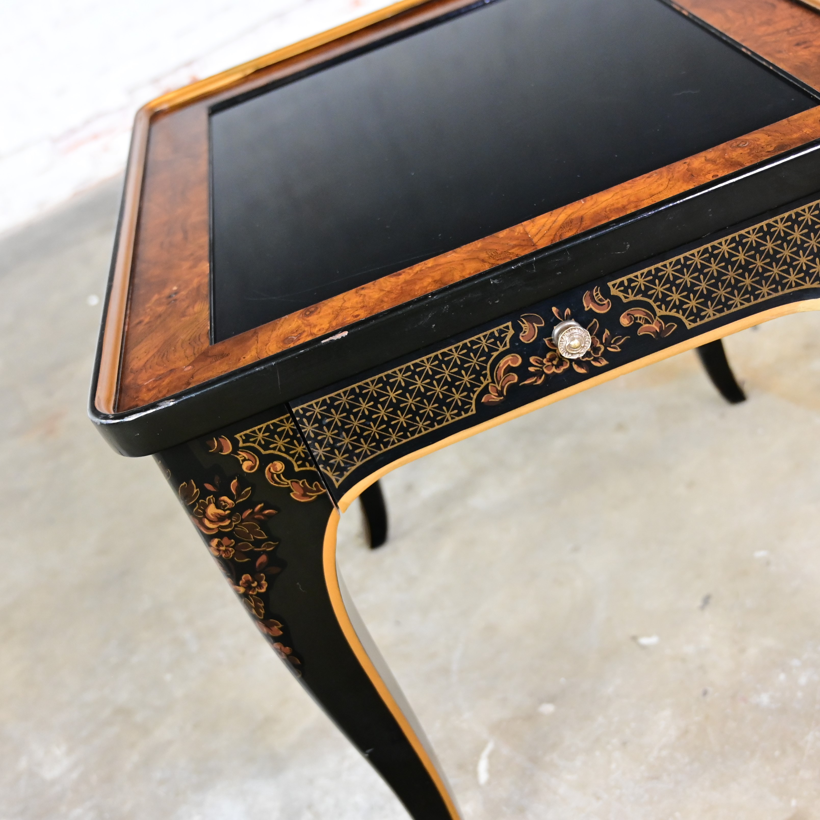 1982 Drexel Heritage ET Cetera Collection Chinoiserie Black Painted & Burl & Ormolu Accent End Table