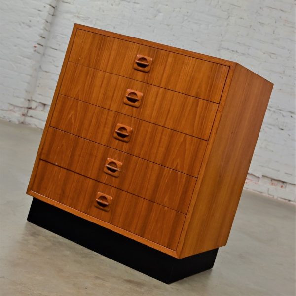 Mid to Late 20th Century Scandinavian Modern Teak Cabinet 5 Drawers & Sculpted Teak Pulls