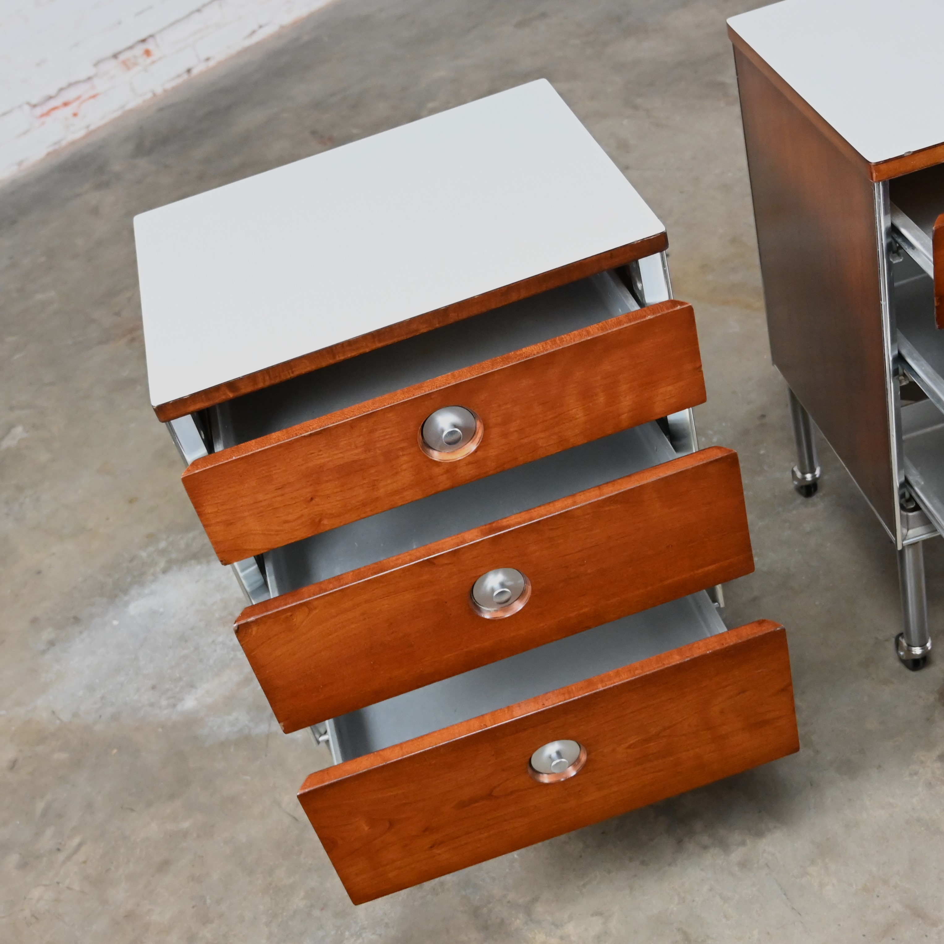 1960’s Mid Century Modern Raymond Loewy for Hill Rom Nightstands or End Tables on Casters
