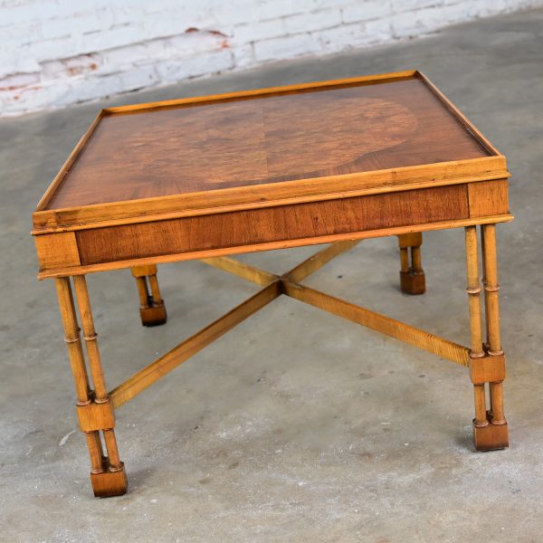 Mid-Late 20th Century Baker Furniture Campaign Style Rectangular End Table Walnut & Mahogany Faux Bamboo Legs