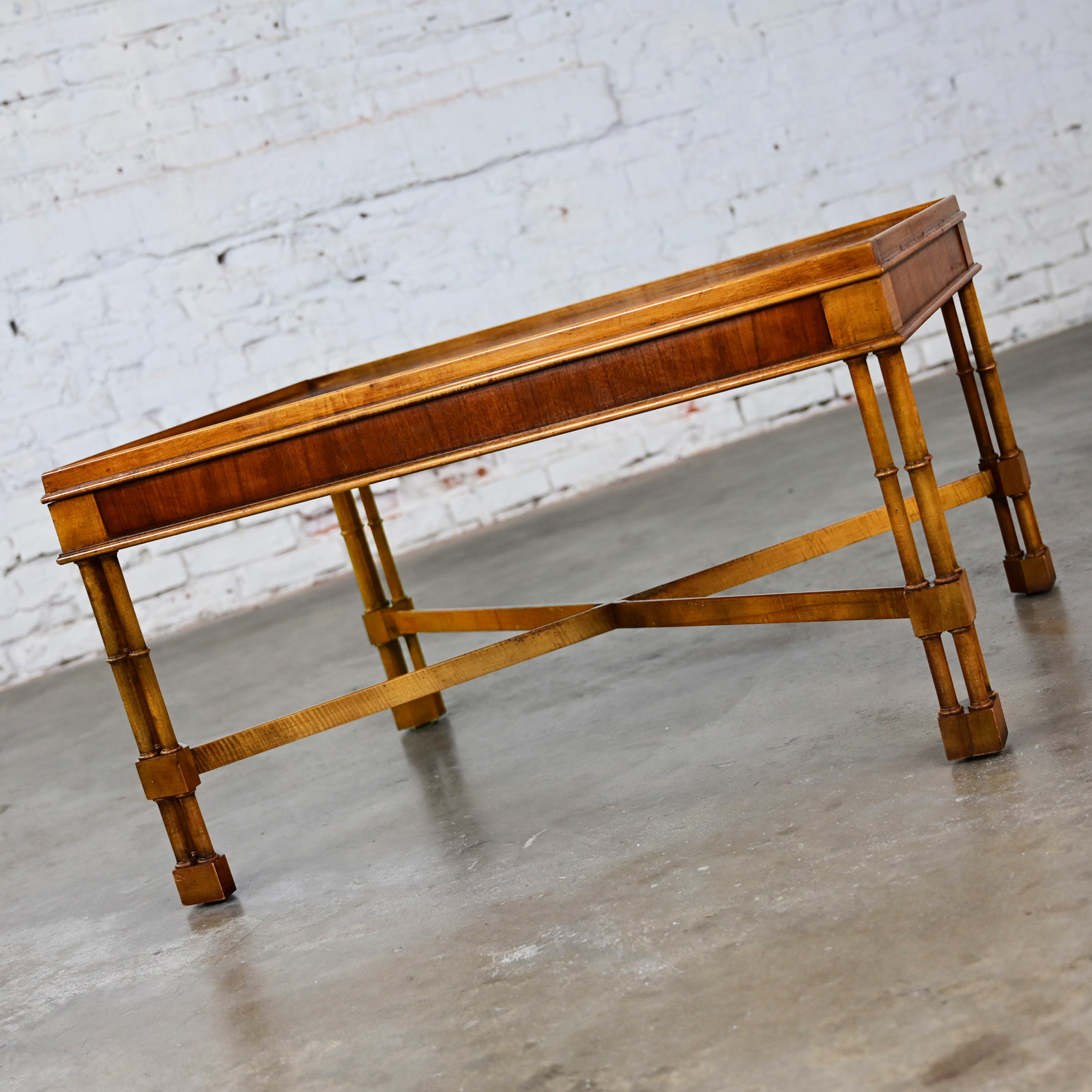 Mid-Late 20th Century Baker Furniture Campaign Style Rectangular End Table Walnut & Mahogany Faux Bamboo Legs