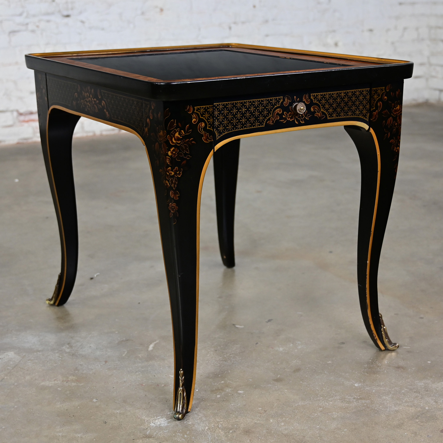 1982 Drexel Heritage ET Cetera Collection Chinoiserie Black Painted & Burl & Ormolu Accent End Table