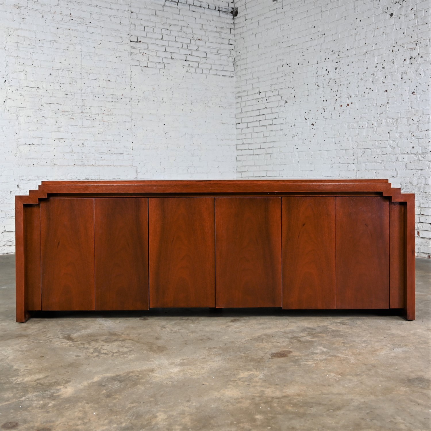 Late 20th Century Art Deco Revival to Postmodern Custom Mahogany Credenza Sideboard Buffet Cabinet