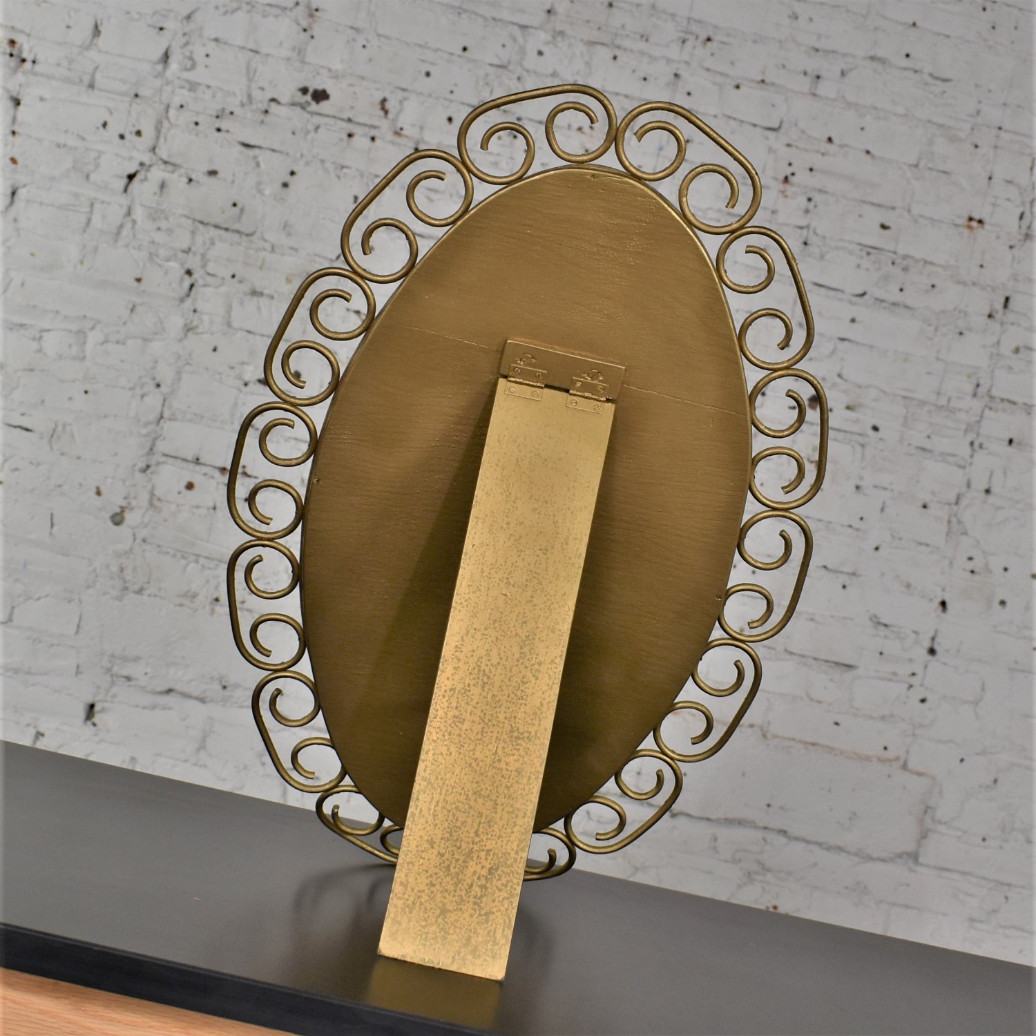 1960-1970’s Hollywood Regency Bohemian Free Standing Mirror Gold Painted Wicker Scroll Clad Frame