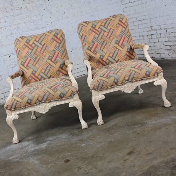 1980’s French Louis XV Style Fauteuil Armchairs Whitewashed Frames & Contemporary Fabric