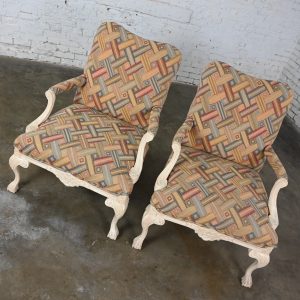 1980’s French Louis XV Style Fauteuil Armchairs Whitewashed Frames & Contemporary Fabric