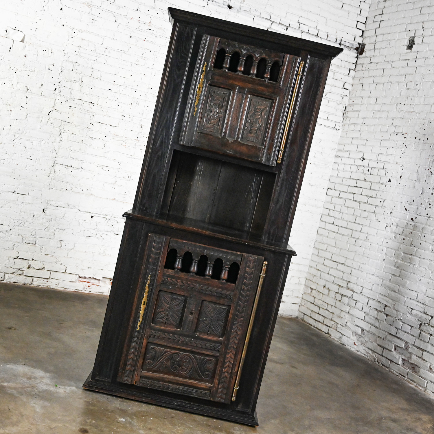 Vintage Spanish Colonial Revival Style Oak Cupboard Hutch Cabinet or Dry Bar Hand Carved