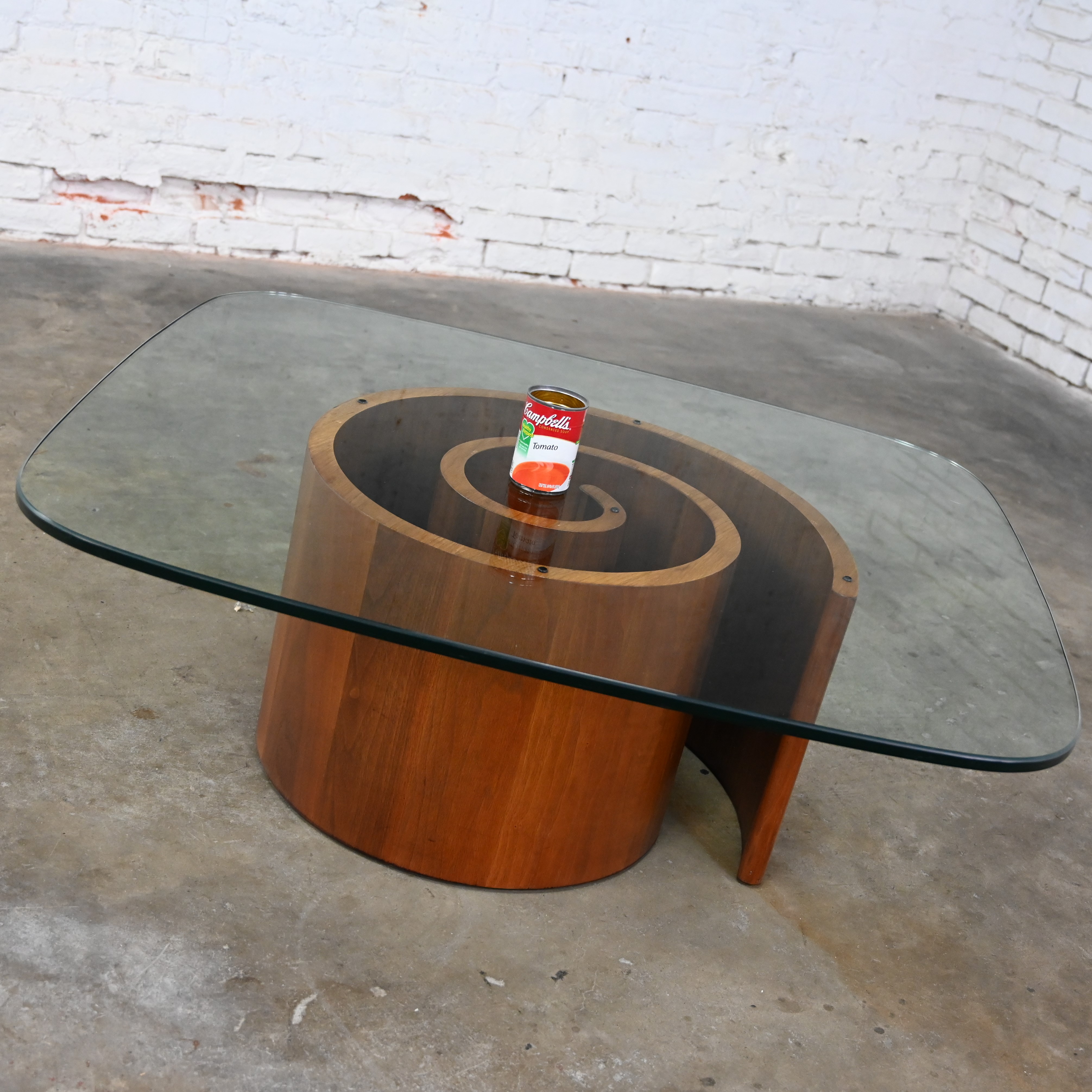 Mid-20th Century Mid-Century Modern Coffee Table Walnut Spiral or Snail Pedestal with Glass Top