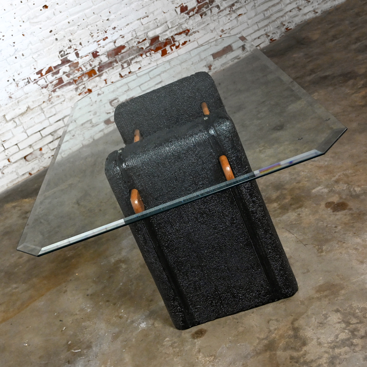 1980’s Postmodern Architectural Dining Table Black Molded Plaster Double Pedestal Base Crossbars & Glass Top