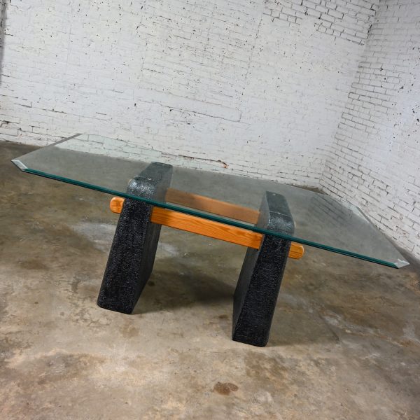 1980’s Postmodern Architectural Dining Table Black Molded Plaster Double Pedestal Base Crossbars & Glass Top