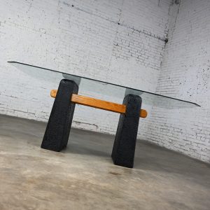 1980’s Postmodern Architectural Dining Table Black Molded Plaster Double Pedestal Base Crossbars & Glass Top