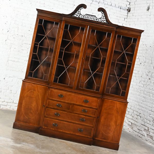 Mid-20th Century Chinese Chippendale Baker Furniture Mahogany & Walnut Breakfront Secretary China Cabinet Bookcase Pierced Pediment Top