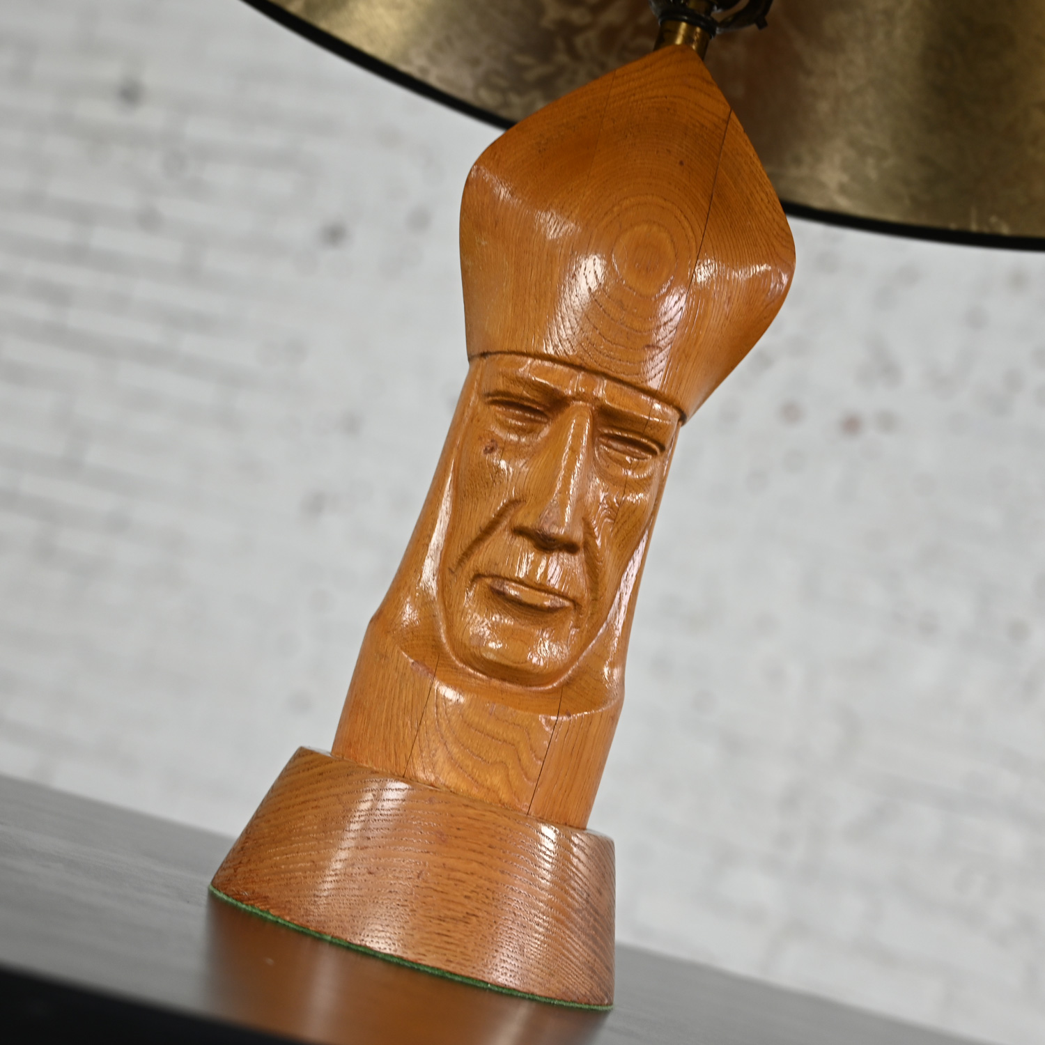 Mid-20th Century MCM to Modern Carved Wood Bishop Chess Piece Table Lamp with Black Paper Shade
