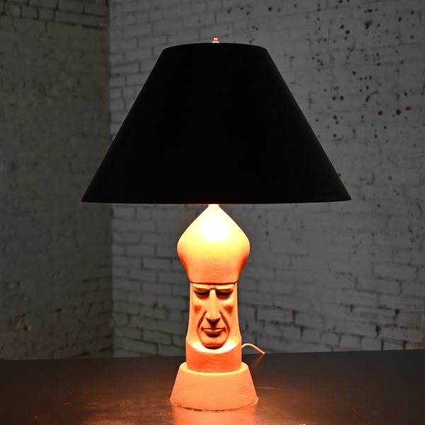 Mid-20th Century MCM to Modern Carved Wood Bishop Chess Piece Table Lamp with Black Paper Shade