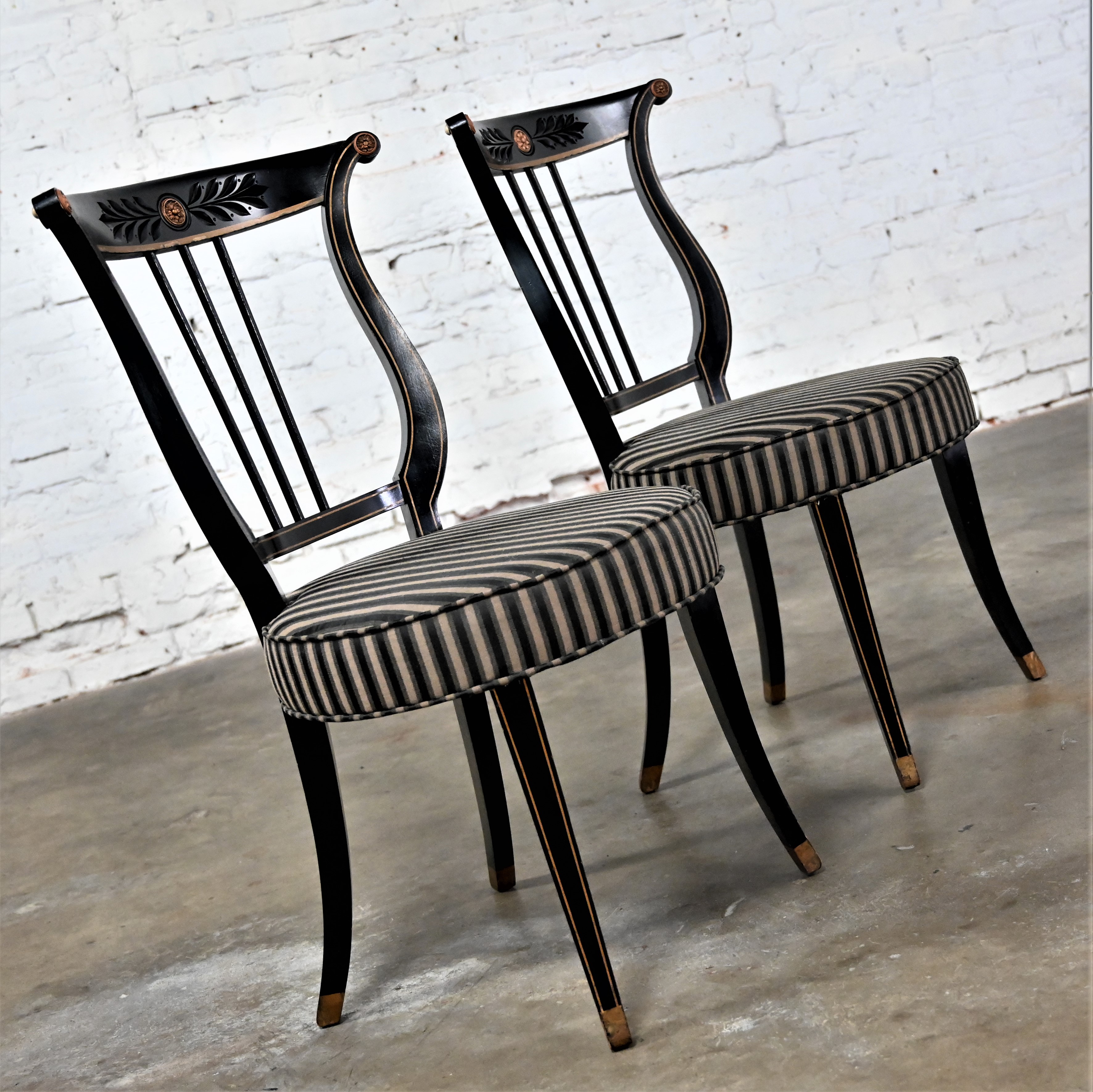 Early to Mid-20th Century Neoclassical Lyre Back Accent or Occasional Chairs Black & Gold a Pair