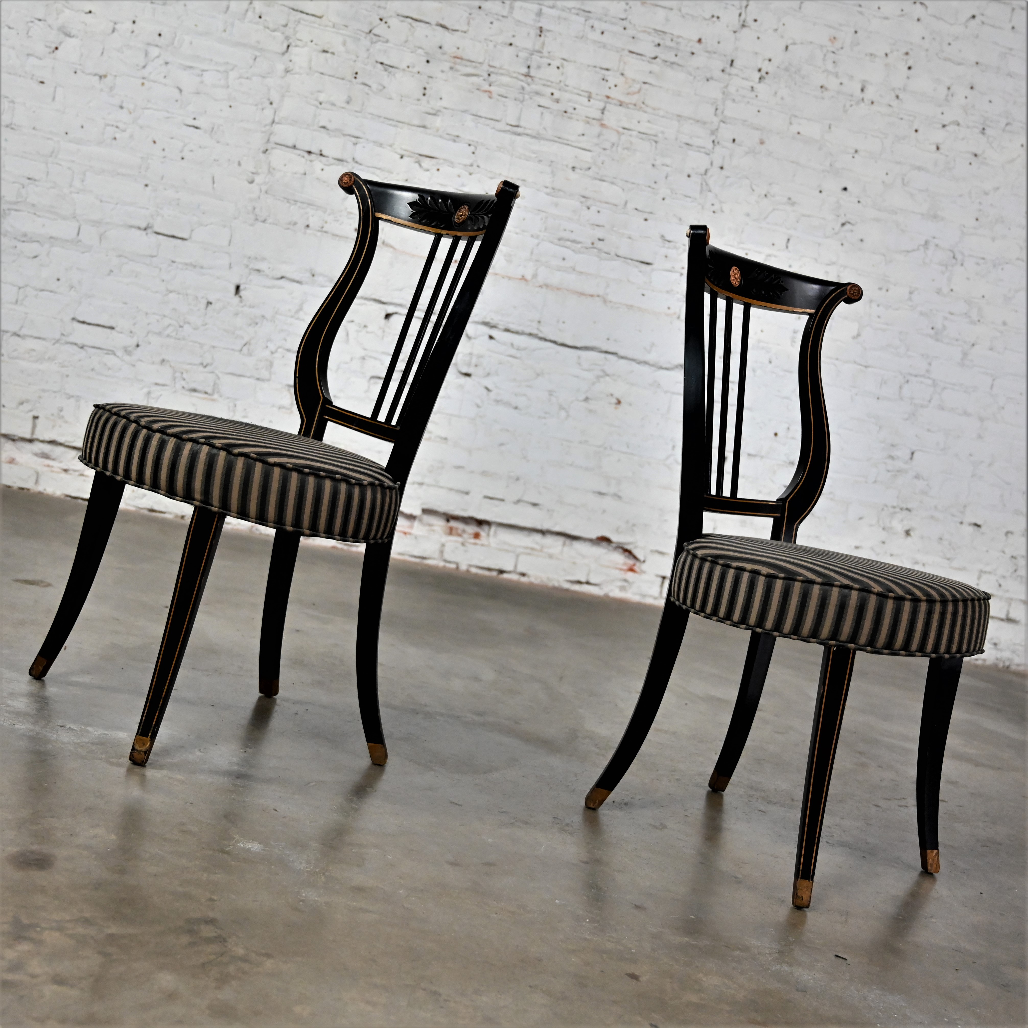 Early to Mid-20th Century Neoclassical Lyre Back Accent or Occasional Chairs Black & Gold a Pair