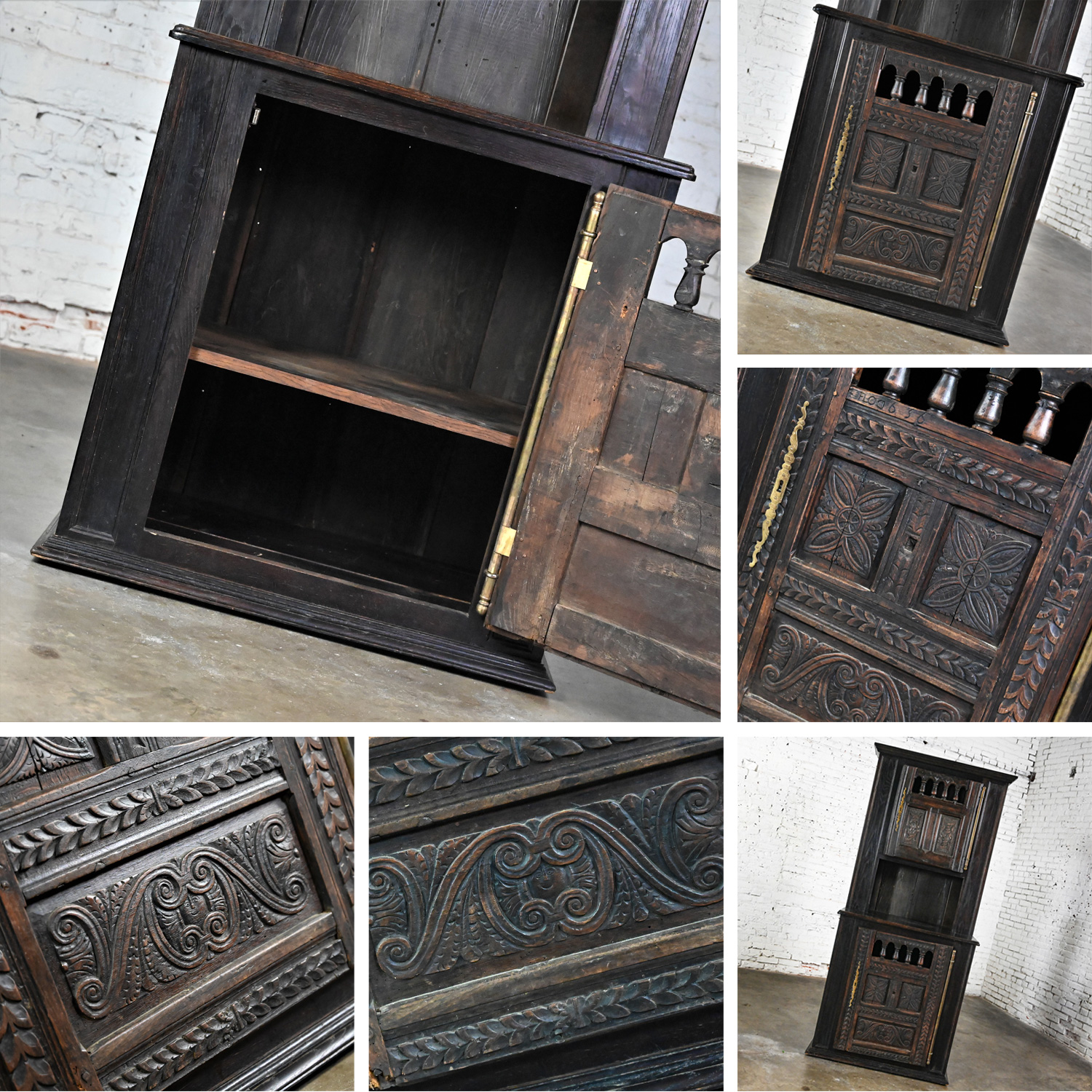 Vintage Spanish Colonial Revival Style Oak Cupboard Hutch Cabinet or Dry Bar Hand Carved