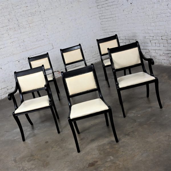 Mid Century Regency Style Dining Chairs Off White Faux Leather Black Frames 2 Arm 4 Side Set of 6